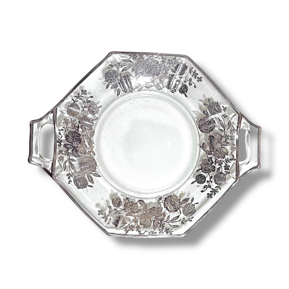 Vtg Clear Glass Plate Silver Overlay Double/Handled Octagonal Floral Serving‎